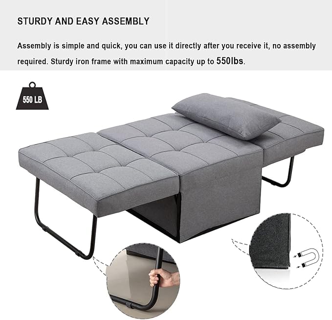 BIGSYY Sofa Bed, 4 in 1 Multi Function Folding Ottoman Sleeper Bed,Modern Convertible Chair Adjustable Backrest Sleeper Couch Bed for Living Room Small Room Apartment, Light Grey
