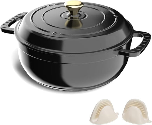 ROVSUN Enameled Cast Iron Round Dutch Oven, 6QT Pot with Lid &Dual Handles with Silicone Gloves,Oven Safe up to 500째F, Heavy-Duty Pre-Seasoned Cookware for Bread Baking, Braising, Stews, Roasting, Black