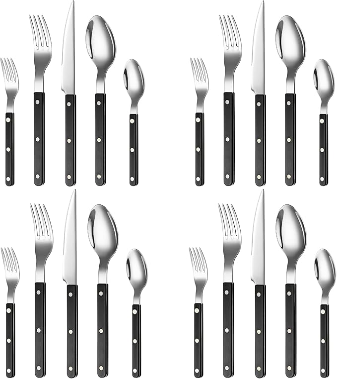Khen Cutlery Set of 20, 18/8 Stainless Steel Flatware, Modern Silverware for Home, Kitchen, Dining & Table Setting for 4 ??Stainless Steel, Dishwasher Safe, Lightweight & Ergonomic Design Gift - Black