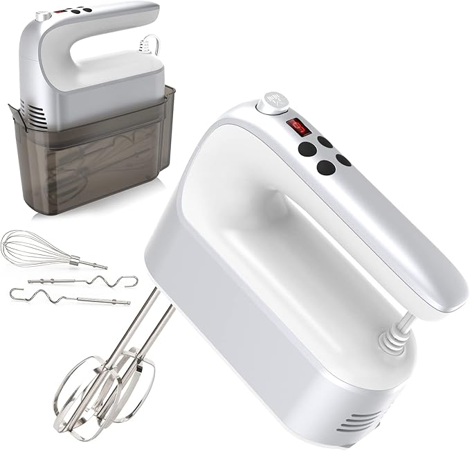 9-Speed Digital Hand Mixer Electric, 400W Powerful DC Motor, Baking Handheld with Snap-On Storage Case, 5 Stainless Steel Accessories, Flat Beaters, Dough Hooks, Whisk(Silvery White)