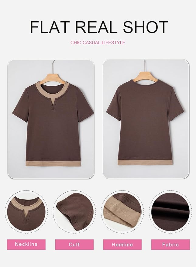 SHEWIN Womens Tops Casual Crewneck Color Block Short Sleeve Mock Double Layer T-Shirt Summer Outfits for Women 2026