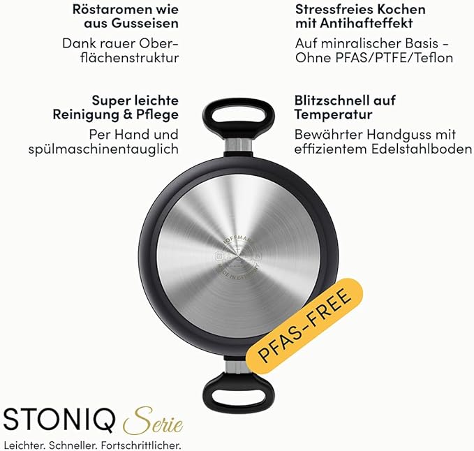 Hoffmann Stoniq Saucepan Hand-Cast Made in Germany, IQ-SHIELD Non-Stick Coating, PFAS-Free, Suitable for Induction Cookers, Casserole Pot, Cast Aluminium with Stainless Steel (with Lid,9.5"(121.7oz))