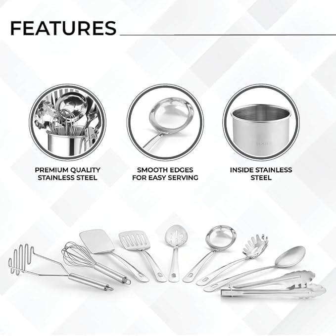 Avador짰 Premium Set of 10 Stainless Steel Kitchen Tool Set with Holder Easy To Clean, Space Saving, Great for Cooking, Baking, Prepping