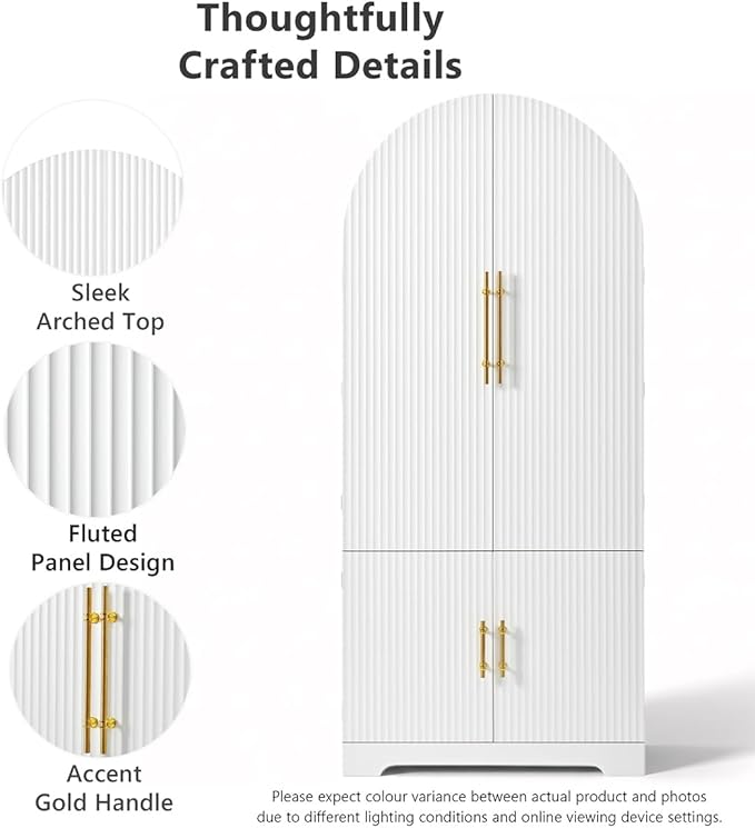 72" Tall Arched Kitchen Pantry Cabinet with 8 Door Shelves and Hidden Drawer, Fluted Storage Cabinets with 3 Adjustable Shelves, Versatile Cupboard for Kitchen (White)