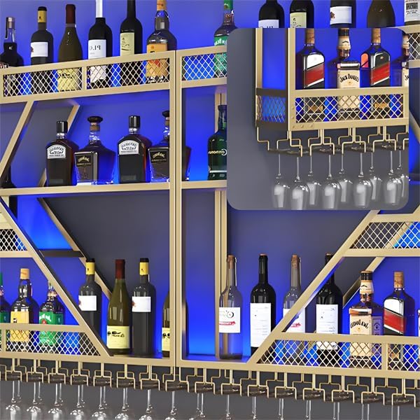 79in Metal Wine Rack Wall Mounted, Modern Wine Storage Rack Wall Mounted with Wine Glass Holder, Liquor Shelf, Bar Shelves for Liquor Bottles (4 Tiers Black, 79 * 7.87 * 48.5INCH)
