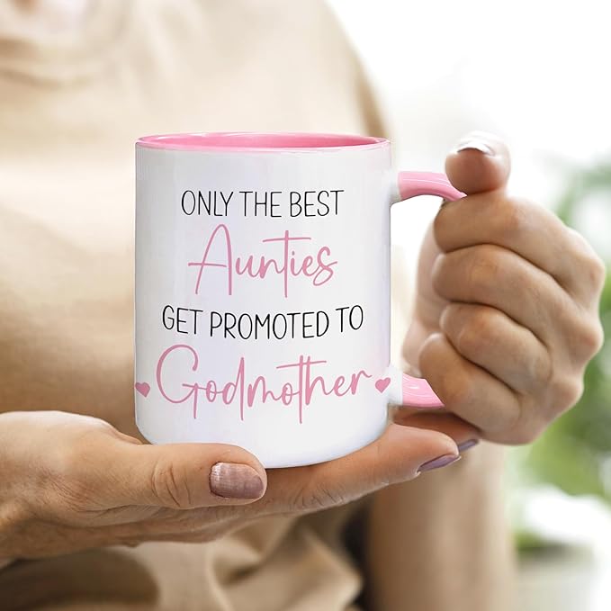 QASHWEY Godmother Coffee Mug, Godmothers Gifts, Aunties Aunt Gifts, Pregnancy Announcement CoffeeMug Tea Cup Gift for Friends Women, Promoted to Godmother Coffee Cups Ceramic 11oz(Pink)
