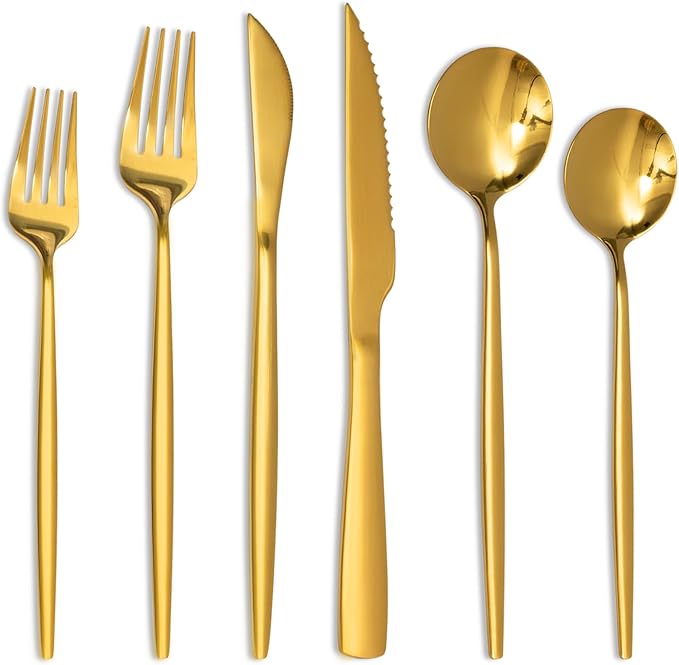 Astercook 24-Piece Gold Silverware Set with Steak Knives Flatware Set for 4 Food-Grade Stainless Steel Cutlery Set Mirror Polished Utensils Set Include Spoons and Forks for Home Kitchen Restaurant