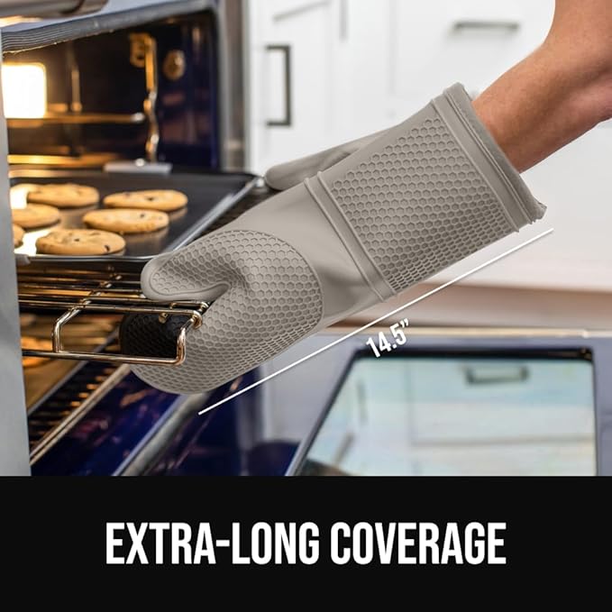GORILLA GRIP BPA-Free Soft Silicone Oven Mitts, 14.5x8.3, Heat Resistant and Waterproof Cooking Gloves, Thick Cotton Lining, Flexible Gripping for Baking Grilling, Kitchen Potholders Set of 2, Almond