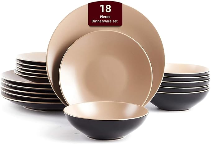 Stoneware Two-Tone Colors Life 18 Dinner Set竊?Outside Shiny Black + Inside Matte Glaze Beige