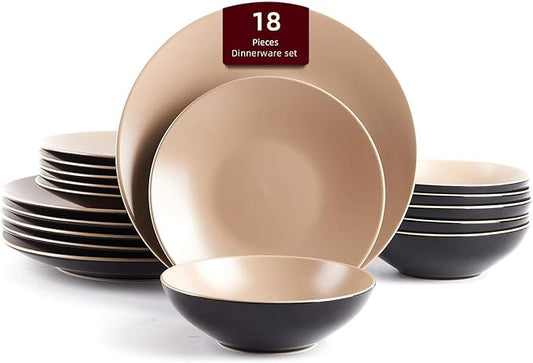 Stoneware Two-Tone Colors Life 18 Dinner Set竊?Outside Shiny Black + Inside Matte Glaze Beige