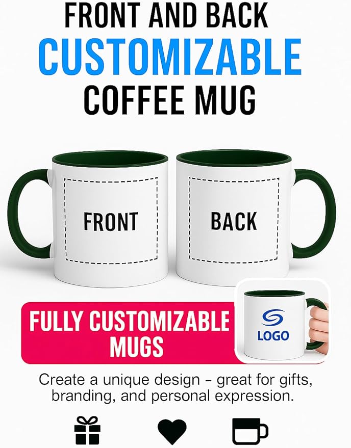 Personalized Coffee Mug | Custom Photo, Text, or Logo Cup (11oz, Forest Green Rim, Inner, and Handle) |Dishwasher & Microwave Safe |Unique Gift for Men & Women ?밫aza Personalizada