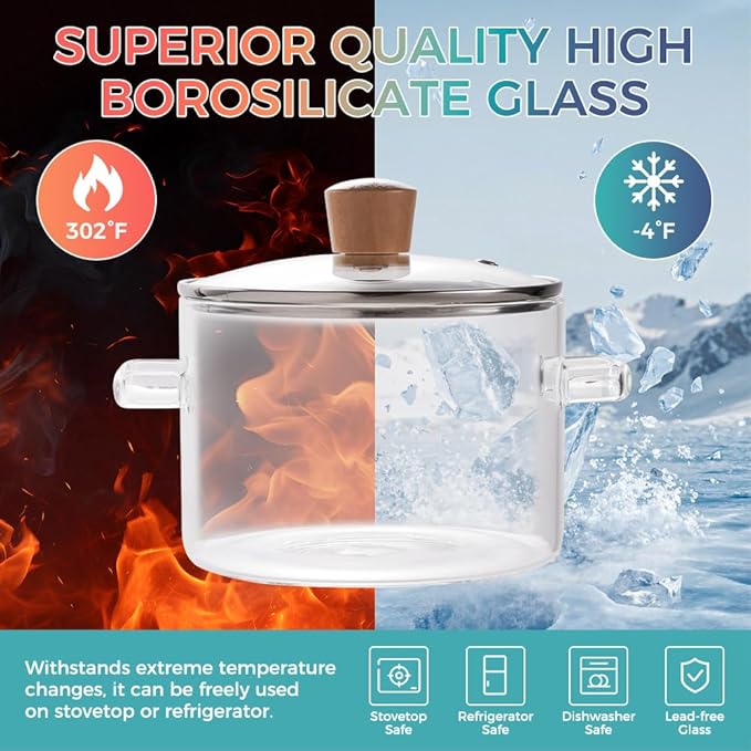 Glass Pots for Cooking on Stove, 1.8L/60 OZ Clear Simmer Pot Potpourri, Glass saucepan with Lid, Cookware for Stovetop