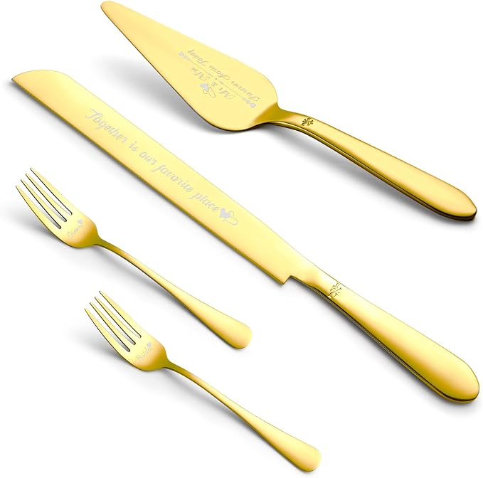 Cake Cutting Set for Wedding, Elegant Cake Knife and Server Set with Stainless Steel Forks, Cake Cutter and Pie Spatula for Couples Wedding Registry, Engagements, Anniversary, 4 Pcs, Gold