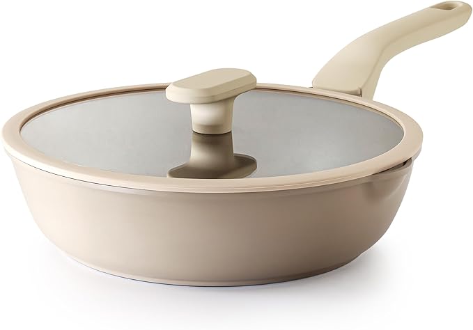 PRICUSIS Nonstick Deep Frying Pan with Glass Lid, 10 Inch (3.2 qt), 5X Durable Nonstick Saut챕 Pan, Scratch & Stain Resistant, PFOA Free, Induction Compatible, Dishwasher & Oven Safe, Natural Linen