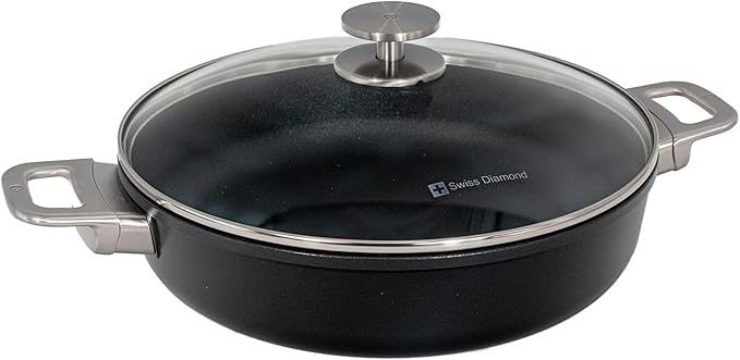 Swiss Diamond Nonstick Hybrid Ceramic and Diamond-Infused Sauteuse Saute Pan With Glass Lid, PFAS- and PFOA-free, Dishwasher & Oven Safe Up To 500 째F (3.7 Quart)