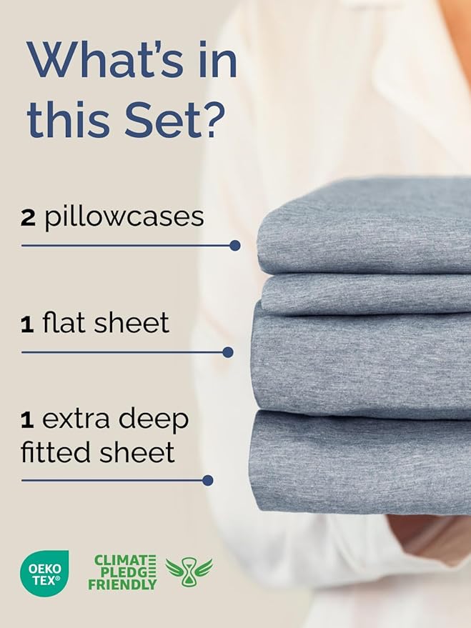 Extra Deep Pocket Cal King Sheets - 4 Piece Breathable & Cooling Bed Sheets - Hotel Luxury Bed Sheet Set - Soft, Wrinkle Free & Comfy - Easily Fits Extra Deep Mattresses - Heathered Blue Sheets Set