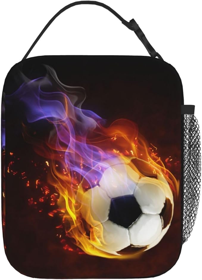 YIJIUWKIS Boys Insulated Lunch Box with Fire Soccer Pattern Print, Sports-themed Lunch Bags with Water Bottle Holder for Adults Kids Teens, Reusable Portable Tote Meal Bags Gifts for Son Daughter