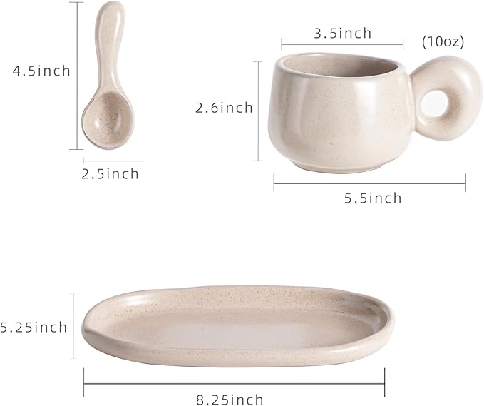 Uaral Ceramic Coffee Mugs Set,Cups Set with Saucer and Spoon for Coffee/Tea Break,Latte Breakfast.10oz Coffee Mug,8inch Ceramic Serving Tray and Spoon.3 Piece,Matte Cream