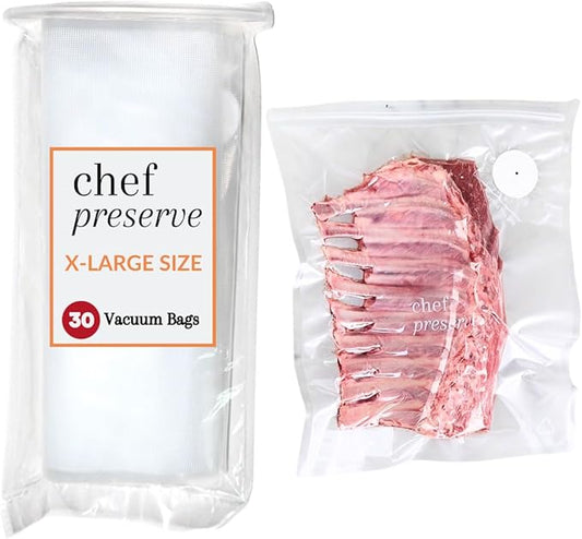Chef Preserve Reusable Vacuum Sealer Bags for Food ??30 BPA-Free XL Large (12 x 20 in) Food Storage Bags, Freezer, Microwave ??Odor-Resistant, Leak-Proof ??Compatible with Chef Preserve Vacuum Sealers