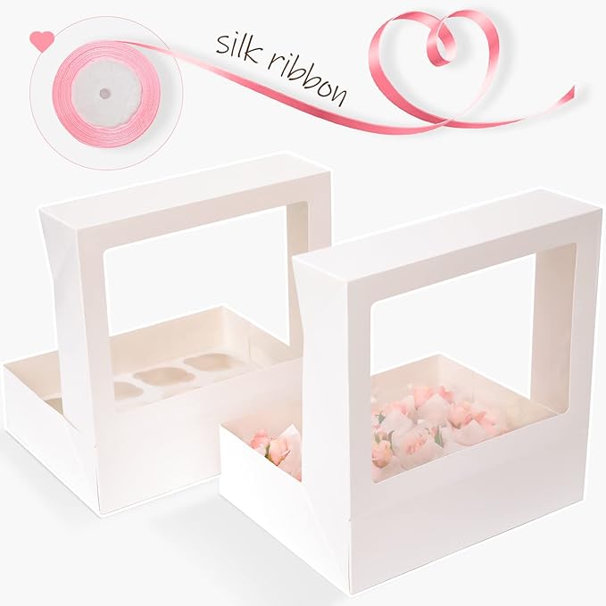 qiqee Auto-pop Up Cupcake Boxes with Window White 40PCS 12 Count Cupcake Box 13"x10"x3.5" Cupcakes Carrier, 12 Cupcake Containers with 2 rolls of pink ribbons