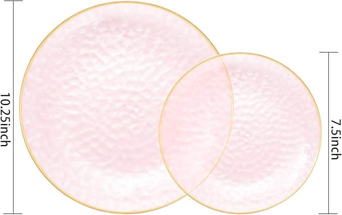Rubtlamp 100Pcs Clear Pink Gold Plastic Plates, Pink Disposable Plates With Gold Rim, Hammered Plastic Plates Include 50 Clear Dessert Platos, 50 Dinner Platos for Party