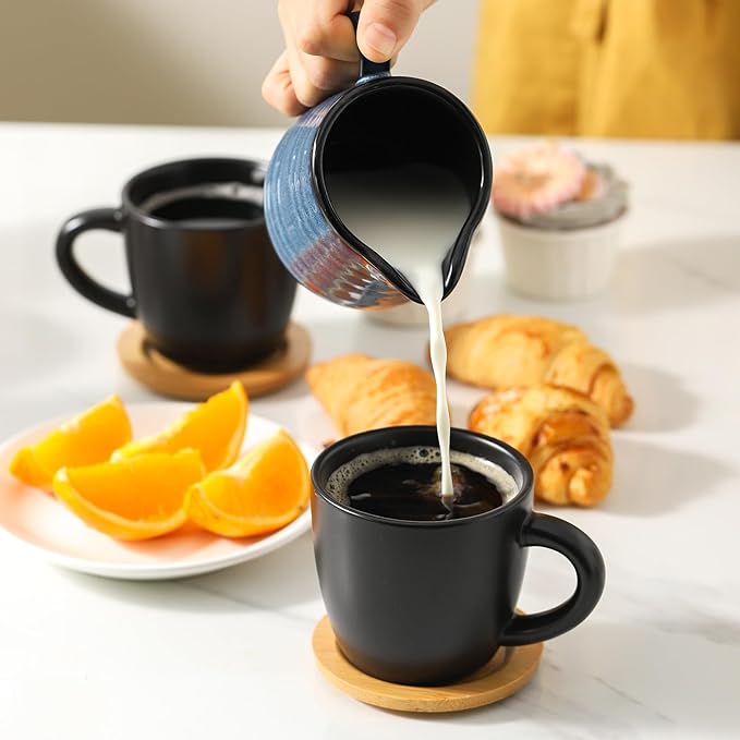 Hasense 8 oz Cappuccino Cups with Saucers set of 6, Porcelain Coffee Mugs Latte Mugs with Handle Perfect for Double Shot, Americano, Milk and Tea, Black