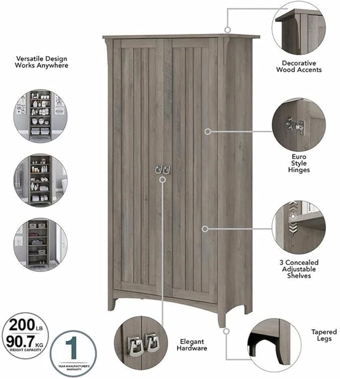 Bush Furniture Salinas Kitchen Pantry Cabinet with Doors in Driftwood Gray