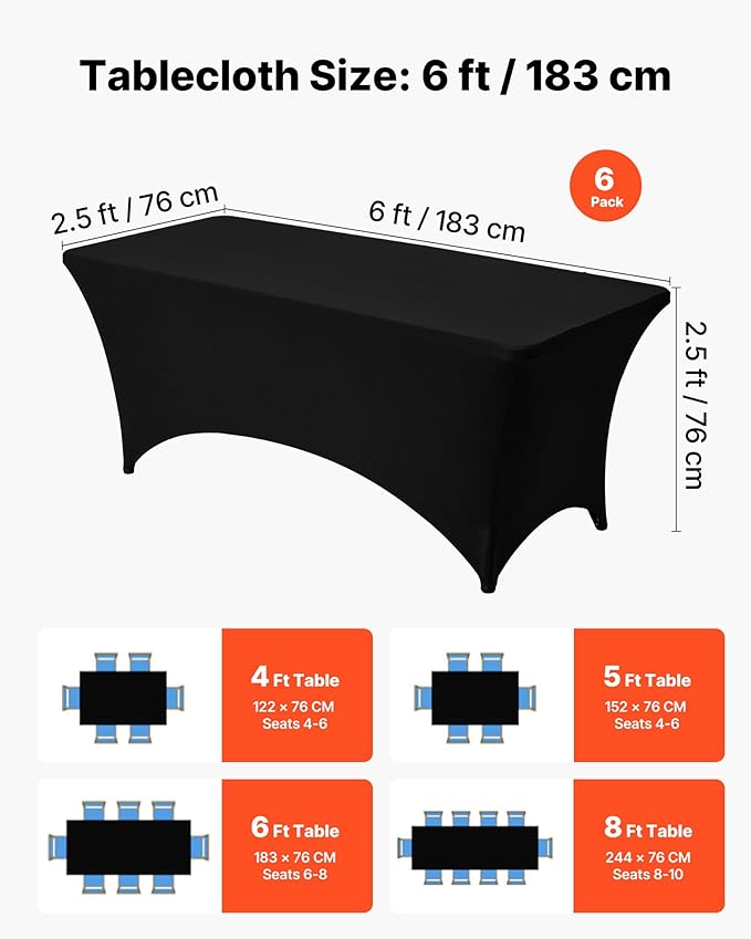 VEVOR 6 Pack Table Cloth for 6FT Rectangular Fitted Events, Wrinkle-Resistant Stretch Black Table Covers, Washable Spandex Tablecloth Protector, for Party, Wedding, Cocktail, Banquet, Festival