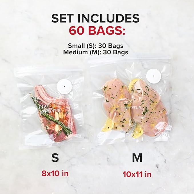 Chef Preserve Reusable Vacuum Sealer Bags for Food ??60 BPA-Free Food Storage Bags, Freezer, Microwave ??Odor-Resistant, Leak-Proof ??Compatible with Chef Preserve Vacuum Sealers