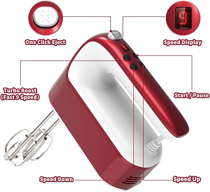 9-Speed Digital Hand Mixer Electric, 400W Powerful DC Motor, Baking Handheld with Snap-On Storage Case, 5 Stainless Steel Accessories, Flat Beaters, Dough Hooks, Whisk(Red/White)