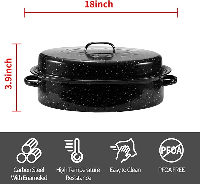 Granite Roasting Pan, 18??Enameled Roasting Pan with Domed Lid. Oval Turkey Roaster Pot, Broiler Pan Great for Turkey, Chicken, Lamb, Vegetable. Dishwasher Safe Cookware Fit for 18Lb Turkey by Kendane