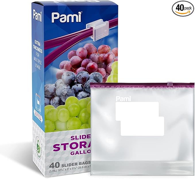 PAMI Leakproof Reusable Slider Freezer Bags with Expandable Bottom and Write-On Label, Thick Storage Bags (Gallon 40 Clear)