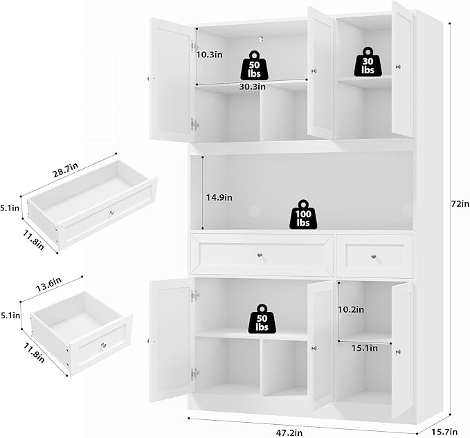 72" Kitchen Pantry Cabinet, Kitchen Hutch with Microwave Stand, Buffet Cabinet with Hutch for Dining Room, White
