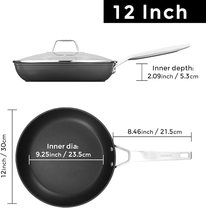 MsMk 12 Inch Nonstick Frying Pan with Lid, Titanium and Ceramic Nonstick skillet with lid, PFOA Free, Non-Toxic, Stay-Cool Handle, Scratch-resistant, Dishwasher Safe, Oven Safe to 700째F