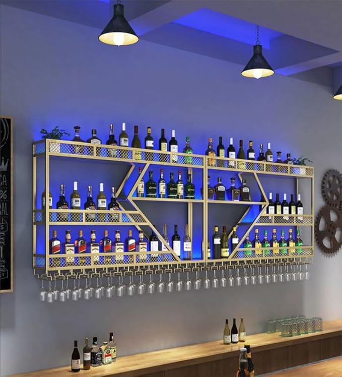 94 Inch 4 Tier Metal Wine Rack Wall Mounted, Modern Bar Shelves Wall Mounted Wine Rack with LED Light, Liquor Shelf Wall Mounted, Bar Shelves for Liquor Bottles (Gold with Blue led, 94-4 Tier)