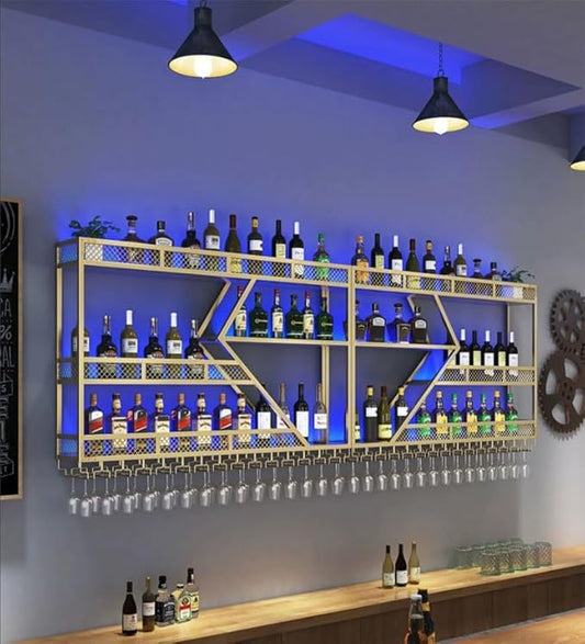 118 Inch 4 Tier Metal Wine Rack Wall Mounted, Modern Bar Shelves Wall Mounted Wine Rack with LED Light, Liquor Shelf Wall Mounted, Bar Shelves for Liquor Bottles (Gold with Blue led, 118-4 Tier)