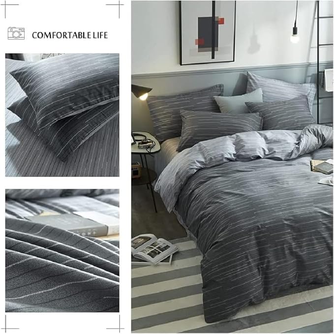 Striped Comforter Set King Size Grey Striped Bedding Comforter 3 Pieces King Comforter Set 1 Stripe Comforter with 2 Pillowcases Geometric Stripes Fluffy Microfiber Comforter King for All Seasons