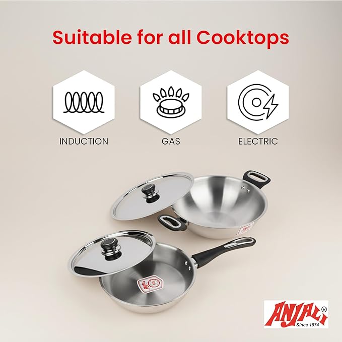 ANJALI Fiesta Pro Stainless Steel Fry Pan & Kadai Set ??8.7 Inch Frying Pan and 10.2 Inch Kadai ??Induction & Gas Compatible Cookware with Stay-Cool Handles