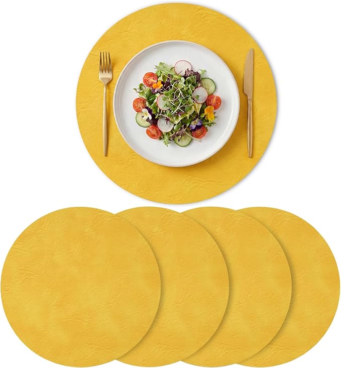 Artoid Mode Yellow Faux Leather Placemats Set of 4, 15 Inch Waterproof Wipeable Heat Resistant Place Mats, Reversible Table Mats for Summer Kitchen Dining Decor