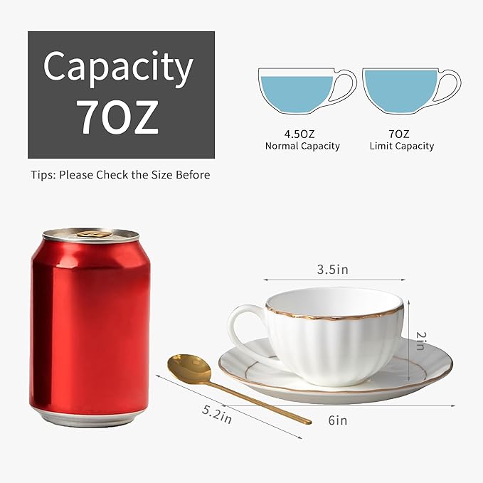 Bone China Tea Cups and Saucers Set (6 oz, Set of 4) ??White Luxury Fine Porcelain Mugs for Tea, Coffee, Latte Art, Barista Use, Elegant Gifting
