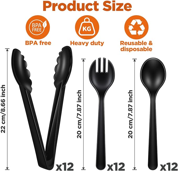 36 PCS Disposable Serving Utensils, Black Plastic Spoons Forks Tongs 12 Set Heavy Duty Party Utensils Set for Restaurant Buffet Wedding Banquet Dinner Party Salad Soup Noodles