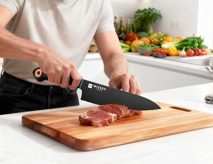 WIZEKA Kitchen Knife Block Set: 15 Pieces Extremely sharp Black Knife Set with Sharpener, Dishwasher Safe Knife Block Set Dark Vision Series
