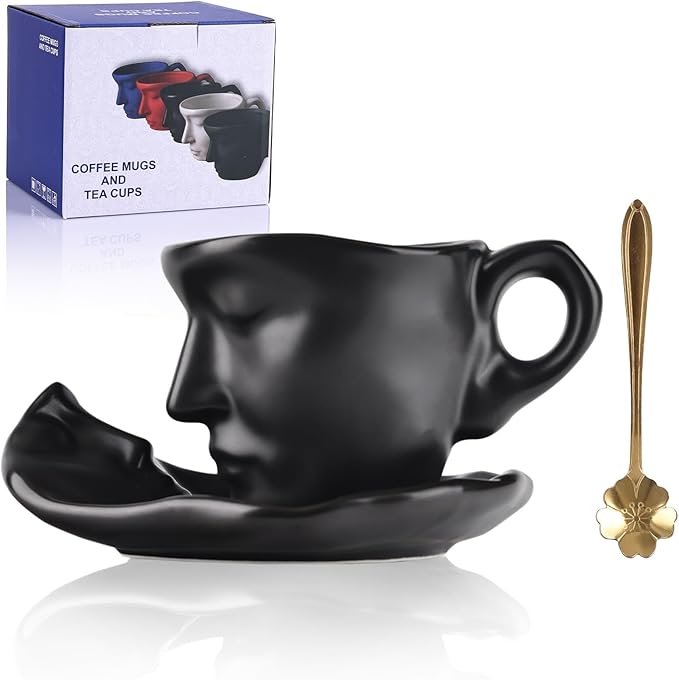 Tea Cup and Saucer Set Ceramic Kissing Couple Coffee Mug Set With Spoon Face Coffee Cup Unique Teacup and Saucer Valentine's Day Christmas Creative Gift