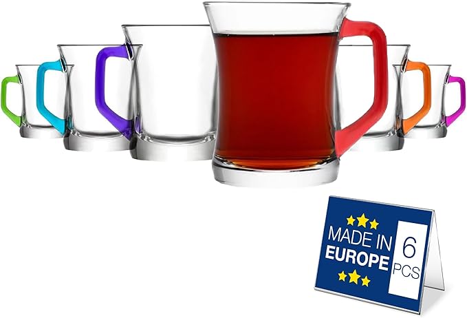 LAV Glass Tea Mugs Set of 6 | Coffee Espresso Cups, Coffee Mugs, Durable Turkish Japanese Tea Glass 7 1/2 oz (Colored Handles)