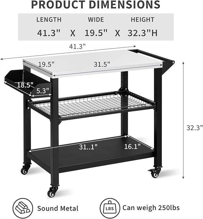 Polar Aurora Three-Shelf Movable Outdoor Grill Cart Pizza Oven Stand, Multifunctional Kitchen Food Prep Table with Drawer, Stainless Steel Desktop Dining Worktable on 4 Wheels & Seasoning Tray