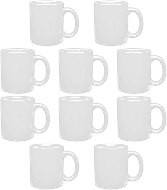 DISCOUNT PROMOS Ceramic Coffee Mugs 11 oz. Set of 10, Bulk Pack - Coffee cup set, Iced coffee cup, Gaming mug - White