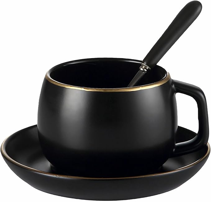 Ceramic Teacup and Saucer Set with Gold Trim Design 9.8oz Matte Plain Color Ceramic Coffee Mug Black