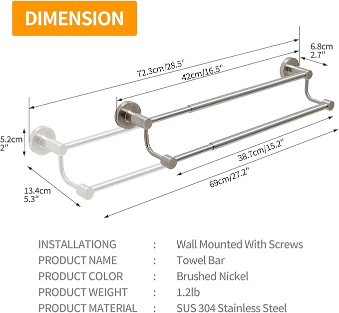 BESy Adjustable 16-26 Inches Double Bath Towel Bar for Bathroom SUS304 Stainless Steel Towel Holder, Hotel Style Wall Mount with Screws Hand Towel Bar Towel Rack Rod Hanger, Brushed Nickel Finish