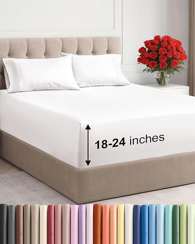 Extra Deep Pocket Cal King Sheets - 4 Piece Breathable Cooling Bed Sheets - Hotel Luxury Sheet Set - Soft, Wrinkle Free & Comfy - Easily Fits Extra Deep Mattresses - Deep Pocket Antique White Sheets