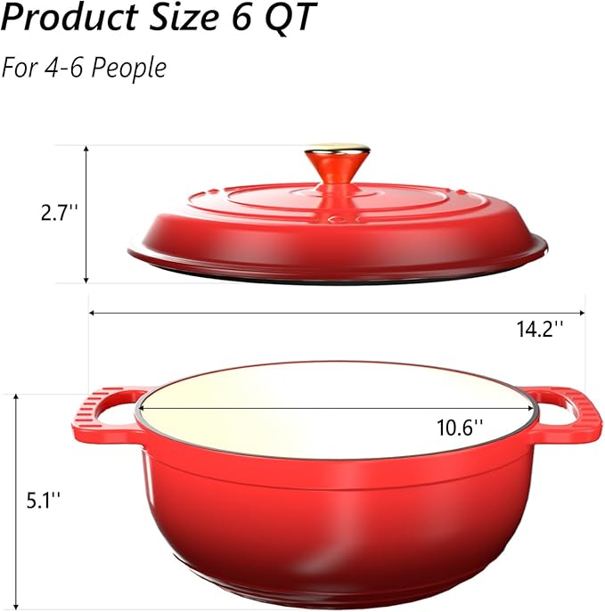 VINGLI 6QT Enameled Cast Iron Round Dutch Oven Pot with Lid, NonStick Casserole Pot with Dual Handles & Silicone GlovesRed, Oven Safe up to 500째F or on Stovetop, Dutch Oven for Bread Baking, Red